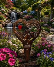 Load image into Gallery viewer, Handmade bronze paw print with angel wings memorial stake