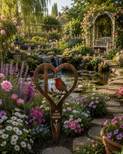 Load image into Gallery viewer, Handmade bronze Robin stake memorial- with a cross