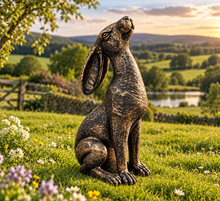Load image into Gallery viewer, Gold with black brush moongazing hare garden ornament polyresin 38cm high