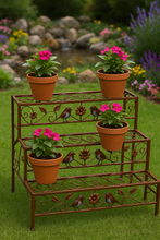 Load image into Gallery viewer, Bronze garden/outdoor three tier plant stand with hand painted robins - Marissa's Garden & Gift