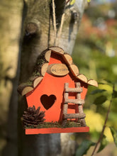 Load image into Gallery viewer, Handmade wooden coloured birdhouse hut with adorable heart shaped bird hole and ladder. The measurements are 17 x 11.5 x 17cm - Marissa's Garden & Gift