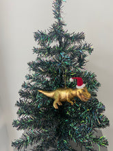 Indlæs billede til gallerivisning Glass Christmas dinosaur with hat Christmas bauble tree hanging decoration/christmas/seasonal/ glass hanging item - Marissa's Garden & Gift