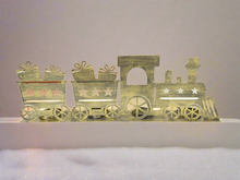 Afbeelding in Gallery-weergave laden, Handmade Christmas gold three piece train set measuring 50 x 8 x 16cmwith t-light holders - Marissa's Garden & Gift