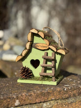 Load image into Gallery viewer, Handmade wooden coloured birdhouse hut with adorable heart shaped bird hole and ladder. The measurements are 17 x 11.5 x 17cm - Marissa's Garden & Gift