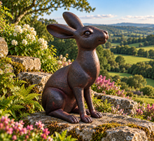 Load image into Gallery viewer, Aged gold alert hare garden ornament polyresin 36cm high. - Marissa's Garden & Gift
