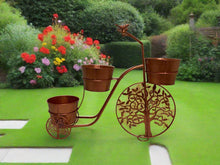 Indlæs billede til gallerivisning Handmade bronze tricycle with with birds and tree of life wheels pot plant holder stand with one pot - Marissa's Garden & Gift