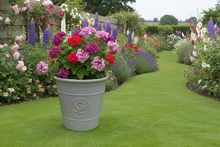 Load image into Gallery viewer, Sunflower coloured grey flower pot available in two sizes made out of recycled plastic