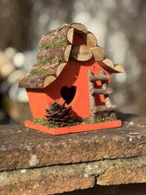 Load image into Gallery viewer, Handmade wooden coloured birdhouse hut with adorable heart shaped bird hole and ladder. The measurements are 17 x 11.5 x 17cm - Marissa's Garden & Gift