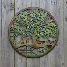 Laden Sie das Bild in den Galerie-Viewer, Handmade rusty 60cm wall plaque of Woodland animals Tree Wall Plaque, Rusted Aged Metal with peeling coloured effect, Garden Wall Art - Marissa's Garden & Gift