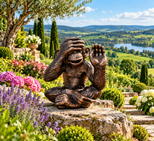 Load image into Gallery viewer, Monkey bronze polyresin garden sculpture hear no evil measuring 28x25x20cm