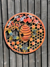 Indlæs billede til gallerivisning Handmade 60cm Bee and bee hive Wall Plaque, colourful Metal, Garden/indoor Wall Art powder coated steel - Marissa's Garden & Gift