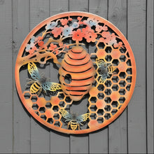 Afbeelding in Gallery-weergave laden, Handmade 60cm Bee and bee hive Wall Plaque, colourful Metal, Garden/indoor Wall Art powder coated steel - Marissa's Garden & Gift