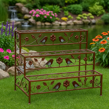Load image into Gallery viewer, Bronze garden/outdoor three tier plant stand with hand painted robins - Marissa's Garden & Gift