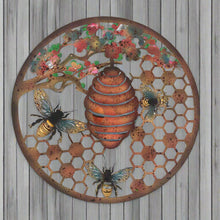 Indlæs billede til gallerivisning Handmade 40cm Bee and bee hive Wall Plaque, colourful Metal, Garden/indoor Wall Art powder coated steel - Marissa's Garden & Gift