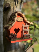 Load image into Gallery viewer, Handmade wooden coloured birdhouse hut with adorable heart shaped bird hole and ladder. The measurements are 17 x 11.5 x 17cm - Marissa's Garden & Gift