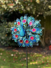 Indlæs billede til gallerivisning Handmade Aurora peacock powder coated garden wind sculpture spinner measuring 150cm - Marissa's Garden & Gift