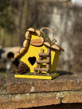 Load image into Gallery viewer, Handmade wooden coloured birdhouse hut with adorable heart shaped bird hole and ladder. The measurements are 17 x 11.5 x 17cm - Marissa's Garden & Gift