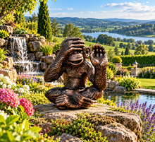 Load image into Gallery viewer, Monkey bronze polyresin garden sculpture hear no evil measuring 28x25x20cm
