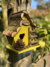 Load image into Gallery viewer, Handmade wooden coloured birdhouse hut with adorable heart shaped bird hole and ladder. The measurements are 17 x 11.5 x 17cm - Marissa's Garden & Gift