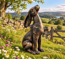 Load image into Gallery viewer, Gold with black brush moongazing hare garden ornament polyresin 38cm high