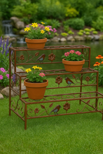 Load image into Gallery viewer, Bronze garden/outdoor three tier plant stand with hand painted robins - Marissa's Garden & Gift