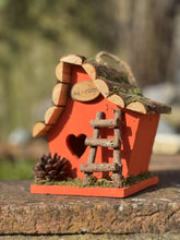 Load image into Gallery viewer, Handmade wooden coloured birdhouse hut with adorable heart shaped bird hole and ladder. The measurements are 17 x 11.5 x 17cm - Marissa's Garden & Gift