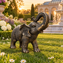 Load image into Gallery viewer, Aged gold polyresin elephant statue with raised trunk in a luxurious garden
