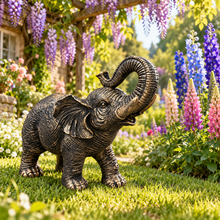 Load image into Gallery viewer, Aged gold polyresin elephant statue with raised trunk in a luxurious garden