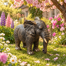 Load image into Gallery viewer, Classic aged gold polyresin elephant with lowered trunk in a luxurious garden
