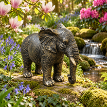 Load image into Gallery viewer, Classic aged gold polyresin elephant with lowered trunk in a luxurious garden
