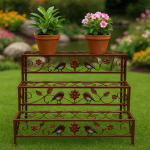 Load image into Gallery viewer, Bronze garden/outdoor three tier plant stand with hand painted robins - Marissa's Garden & Gift