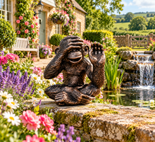 Load image into Gallery viewer, Monkey bronze polyresin garden sculpture hear no evil measuring 28x25x20cm