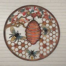 Indlæs billede til gallerivisning Handmade 40cm Bee and bee hive Wall Plaque, colourful Metal, Garden/indoor Wall Art powder coated steel - Marissa's Garden & Gift