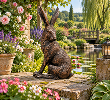 Load image into Gallery viewer, Large garden sculpture bronze hare looking left measuring 43cm