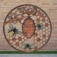 Indlæs billede til gallerivisning Handmade 40cm Bee and bee hive Wall Plaque, colourful Metal, Garden/indoor Wall Art powder coated steel - Marissa's Garden & Gift