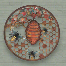 Indlæs billede til gallerivisning Handmade 40cm Bee and bee hive Wall Plaque, colourful Metal, Garden/indoor Wall Art powder coated steel - Marissa's Garden & Gift
