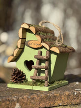Load image into Gallery viewer, Handmade wooden coloured birdhouse hut with adorable heart shaped bird hole and ladder. The measurements are 17 x 11.5 x 17cm - Marissa's Garden & Gift