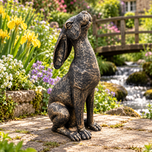 Load image into Gallery viewer, New Bronze Moon Gazing Hare, 38 cm polyresin garden ornament in a landscaped garden