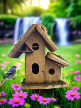 Afbeelding in Gallery-weergave laden, Handmade wooden birdhouse hut with three entrances measuring 16 x 10 x 21cm - Marissa's Garden & Gift