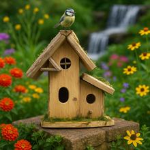 Afbeelding in Gallery-weergave laden, Handmade wooden birdhouse hut with three entrances measuring 16 x 10 x 21cm - Marissa's Garden & Gift
