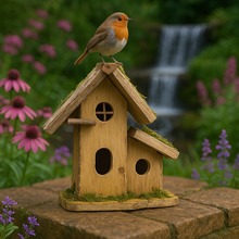 Afbeelding in Gallery-weergave laden, Handmade wooden birdhouse hut with three entrances measuring 16 x 10 x 21cm - Marissa's Garden & Gift