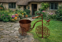 Afbeelding in Gallery-weergave laden, Handmade bronze bike with with bird and tree of life wheels pot plant holder stand with one pot