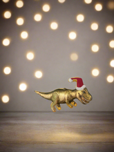 Indlæs billede til gallerivisning Glass Christmas dinosaur with hat Christmas bauble tree hanging decoration/christmas/seasonal/ glass hanging item - Marissa's Garden & Gift