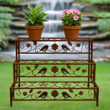 Laden Sie das Bild in den Galerie-Viewer, Handmade Bronze garden/outdoor three tier plant stand with hand painted robins powder coated. - Marissa's Garden & Gift