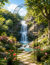 Load image into Gallery viewer, Hollywell Garden Rose Arch black with gold leaves
