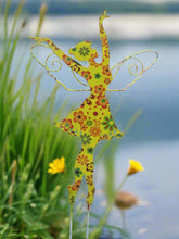 Load image into Gallery viewer, Standing Art Deco yellow floral garden/ outdoor metal garden fairy measuring 24.5 x 8 x 55cm - Marissa's Garden & Gift