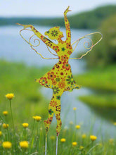 Load image into Gallery viewer, Standing Art Deco yellow floral garden/ outdoor metal garden fairy measuring 24.5 x 8 x 55cm - Marissa's Garden & Gift