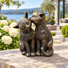 Load image into Gallery viewer, Cats Couple aged gold polyresin ornament in scenic garden setting