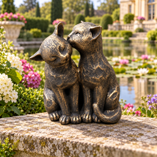 Load image into Gallery viewer, Cats Couple aged gold polyresin ornament in scenic garden setting