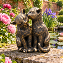 Load image into Gallery viewer, Cats Couple aged gold polyresin ornament in scenic garden setting